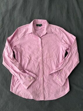 Lauren Ralph Lauren Pink Button-Down Shirt Women's L Preppy Logo Collared Pastel